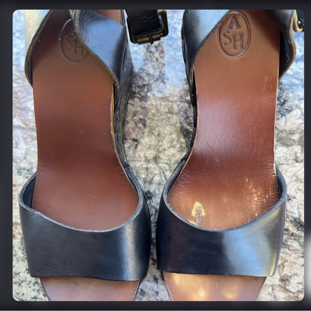 Ash Vanina Wooden and Leather Wedge Sandals